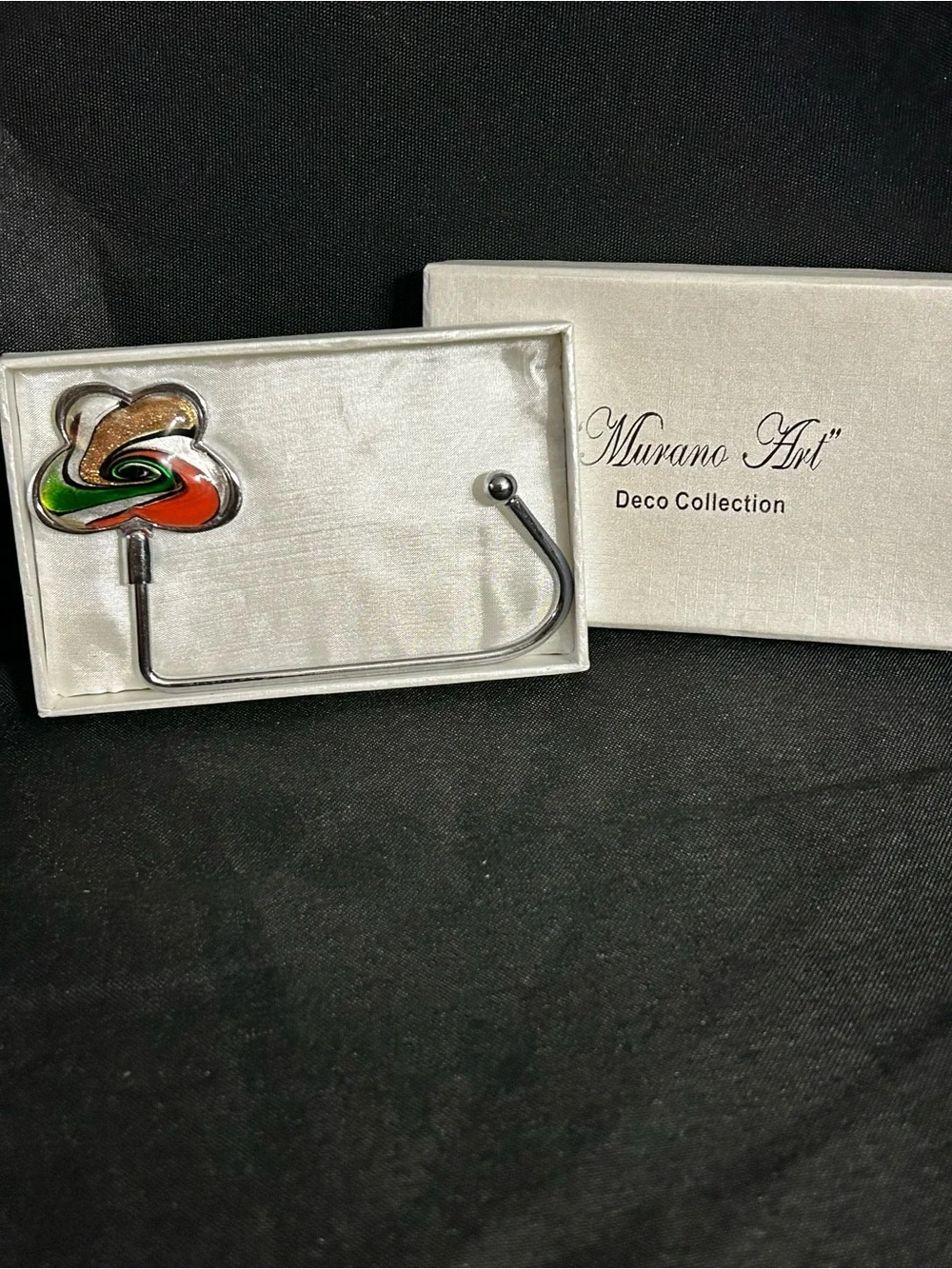 Murano Deco Collection Purse Hook with Green, Orange, Red & Gold Glass Accent